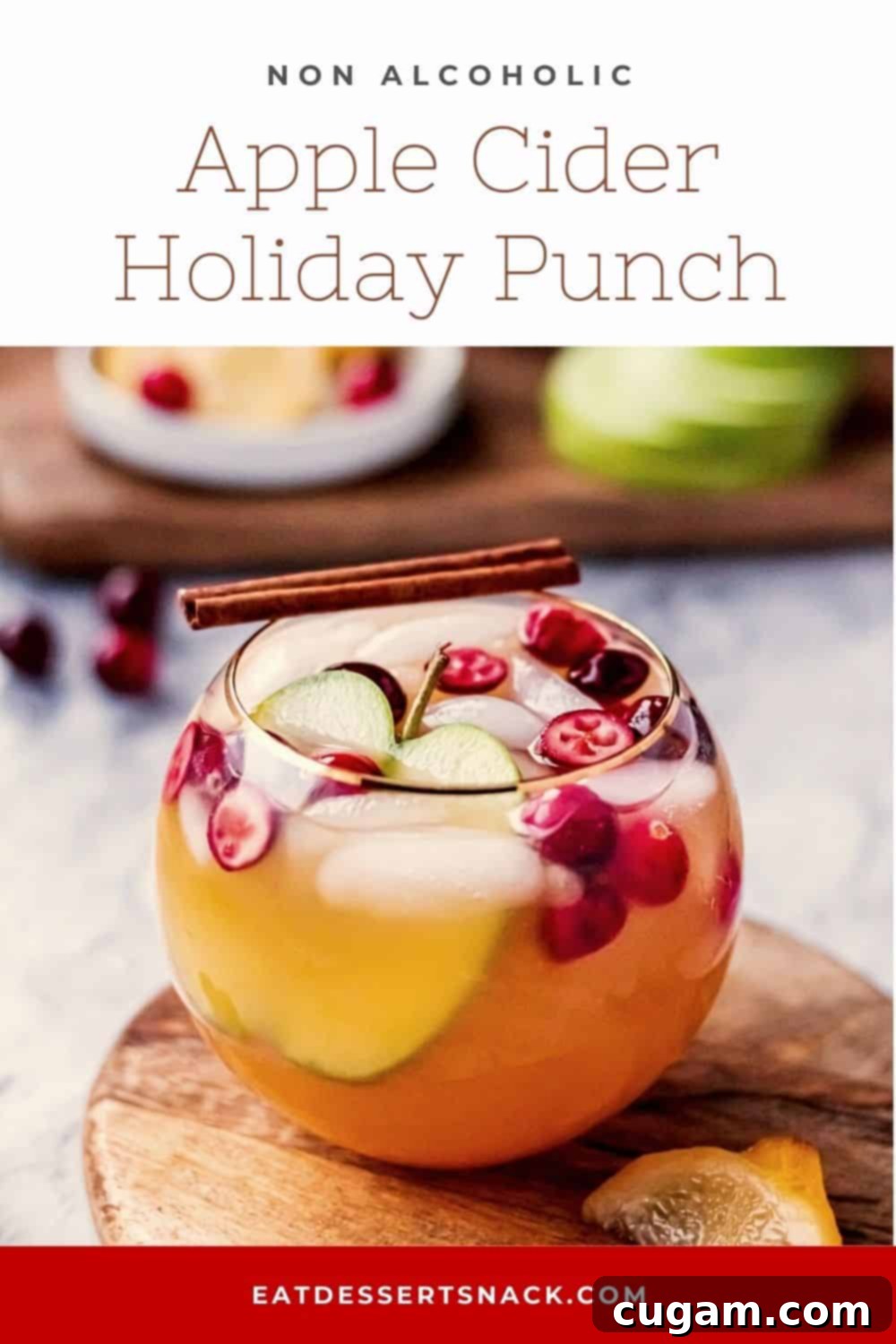 Apple cider punch in a round glass with cranberries and a cinnamon stick on a wooden board.