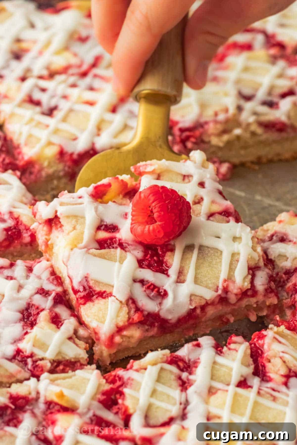 Spatula holding slice of raspberry cream bar with fresh raspberry on top, showcasing its layers.