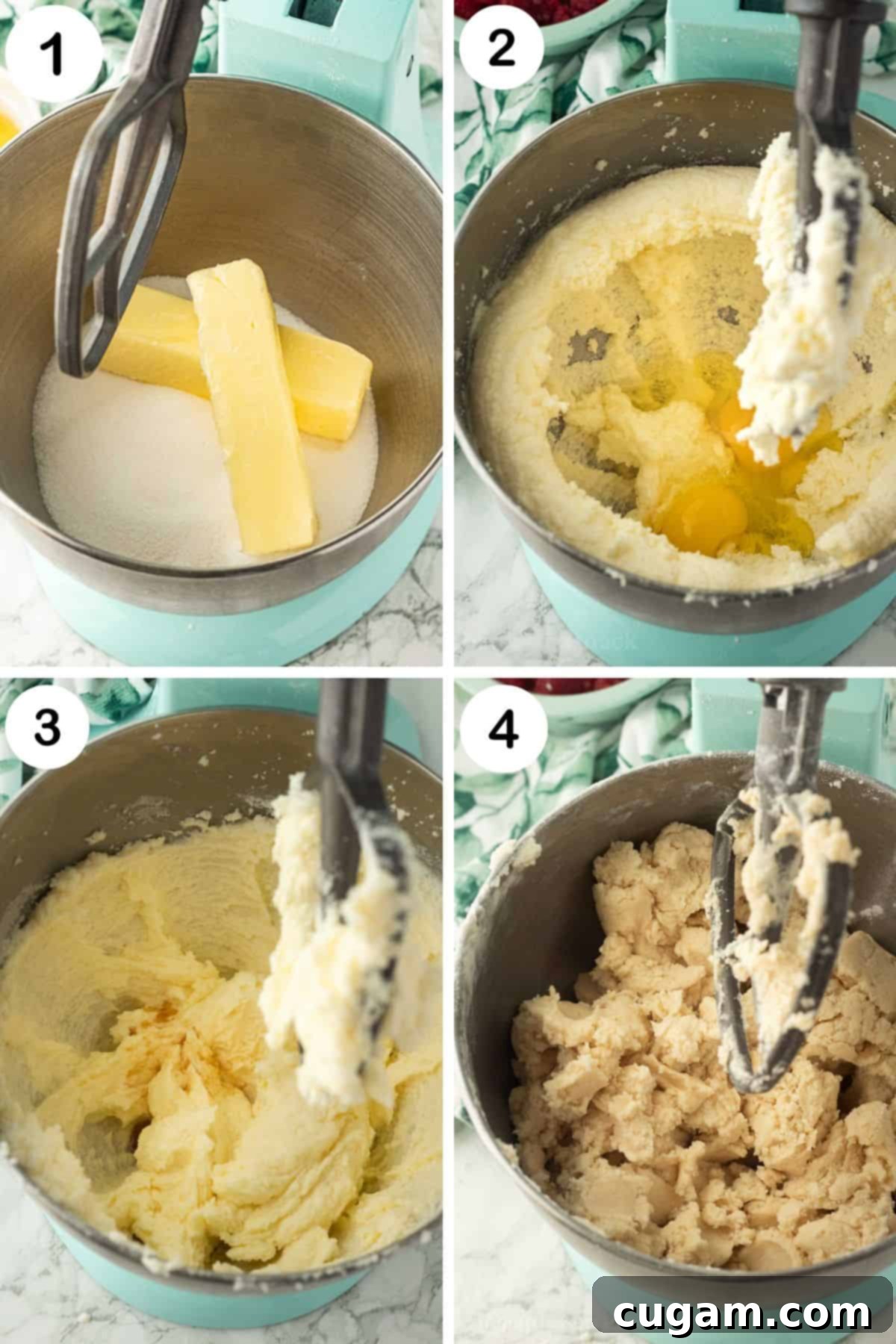 4 image collage showing the steps for making the crust dough: Top left: butter and sugar in mixing bowl. Top right: creamed butter and sugar with eggs added. Bottom left: vanilla extract being added. Bottom right: Flour mixed into the bowl, forming a soft dough.