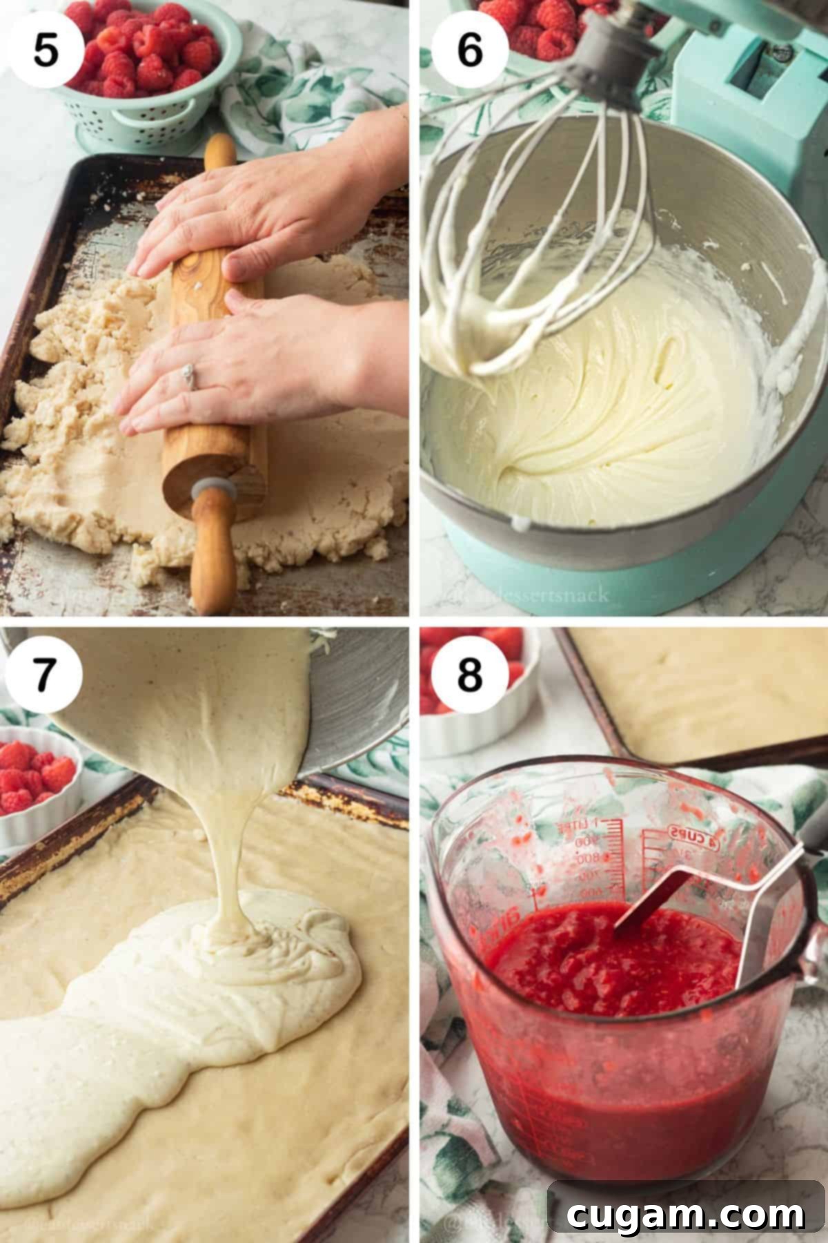 4 image collage showing the steps for preparing the fillings: Top left: Rolling dough into a metal sheet pan. Top right: Cream cheese filling in a mixing bowl. Bottom left: Pouring cream cheese filling onto the raw dough. Bottom Right: Mashing fresh raspberries in a measuring cup.