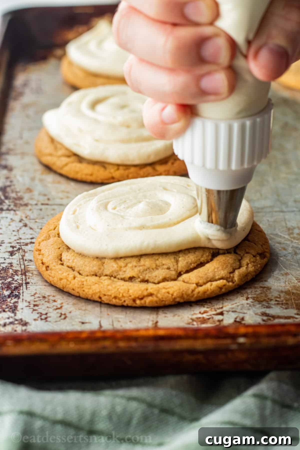 Piping cheesecake frosting onto baked graham cracker frosting. 