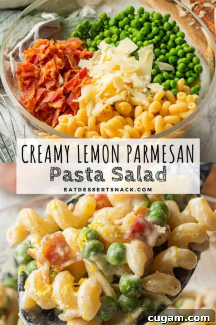 Ingredient image of fresh lemons and Greek yogurt over a background image of the assembled creamy lemon pasta salad, ready for Pinterest.