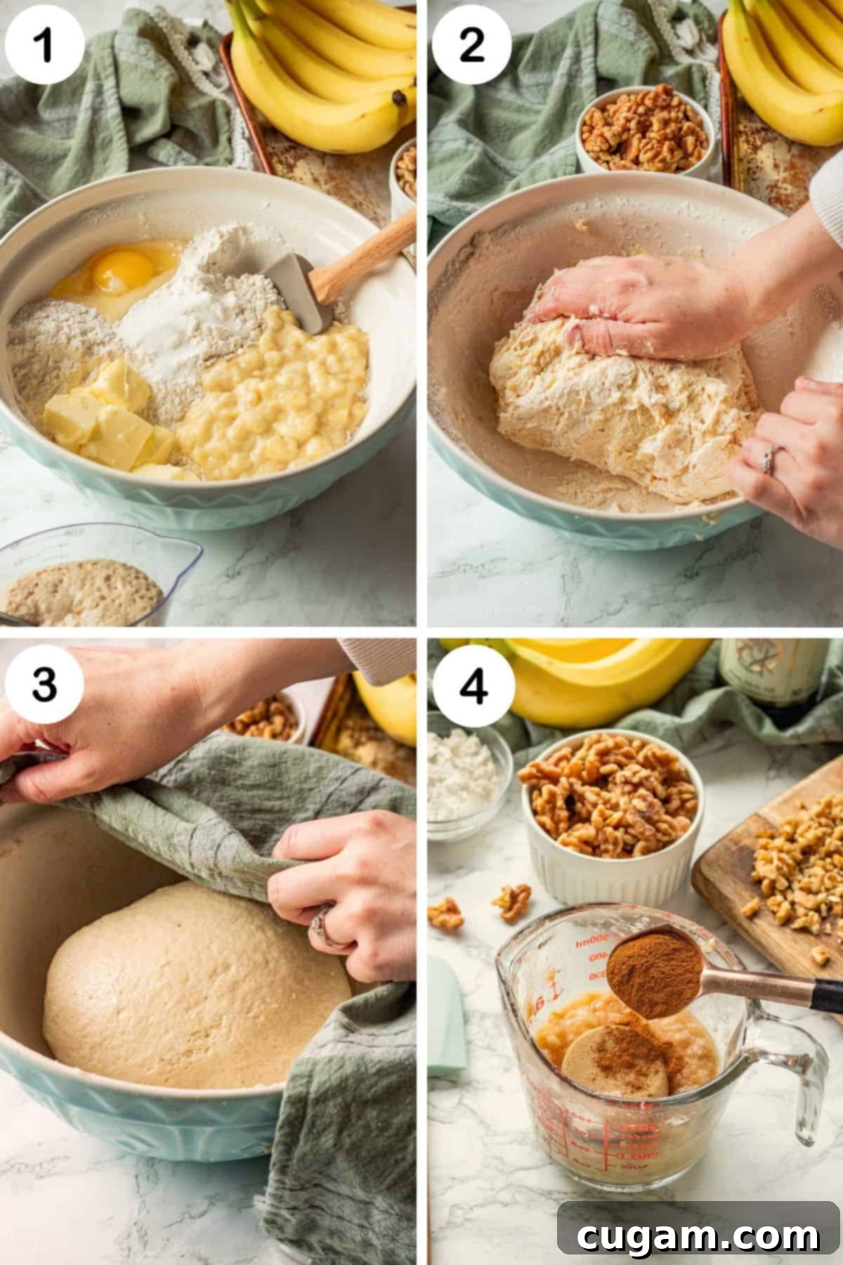 A collage showing the initial steps of making banana bread cinnamon rolls: ingredients in a mixing bowl, dough being kneaded, dough resting for its first rise, and preparing the banana nut filling.