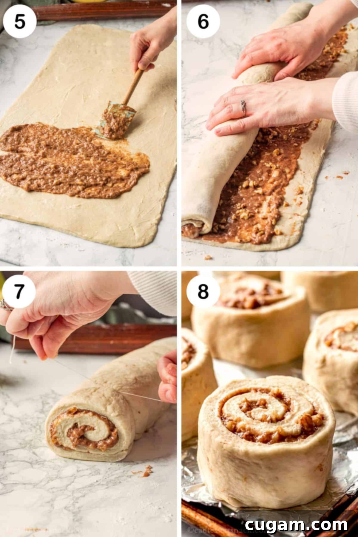 A sequence of images demonstrating the assembly of banana bread cinnamon rolls: spreading the filling, carefully rolling up the dough, precisely cutting the individual rolls, and arranging them in a metal baking sheet for the second rise.