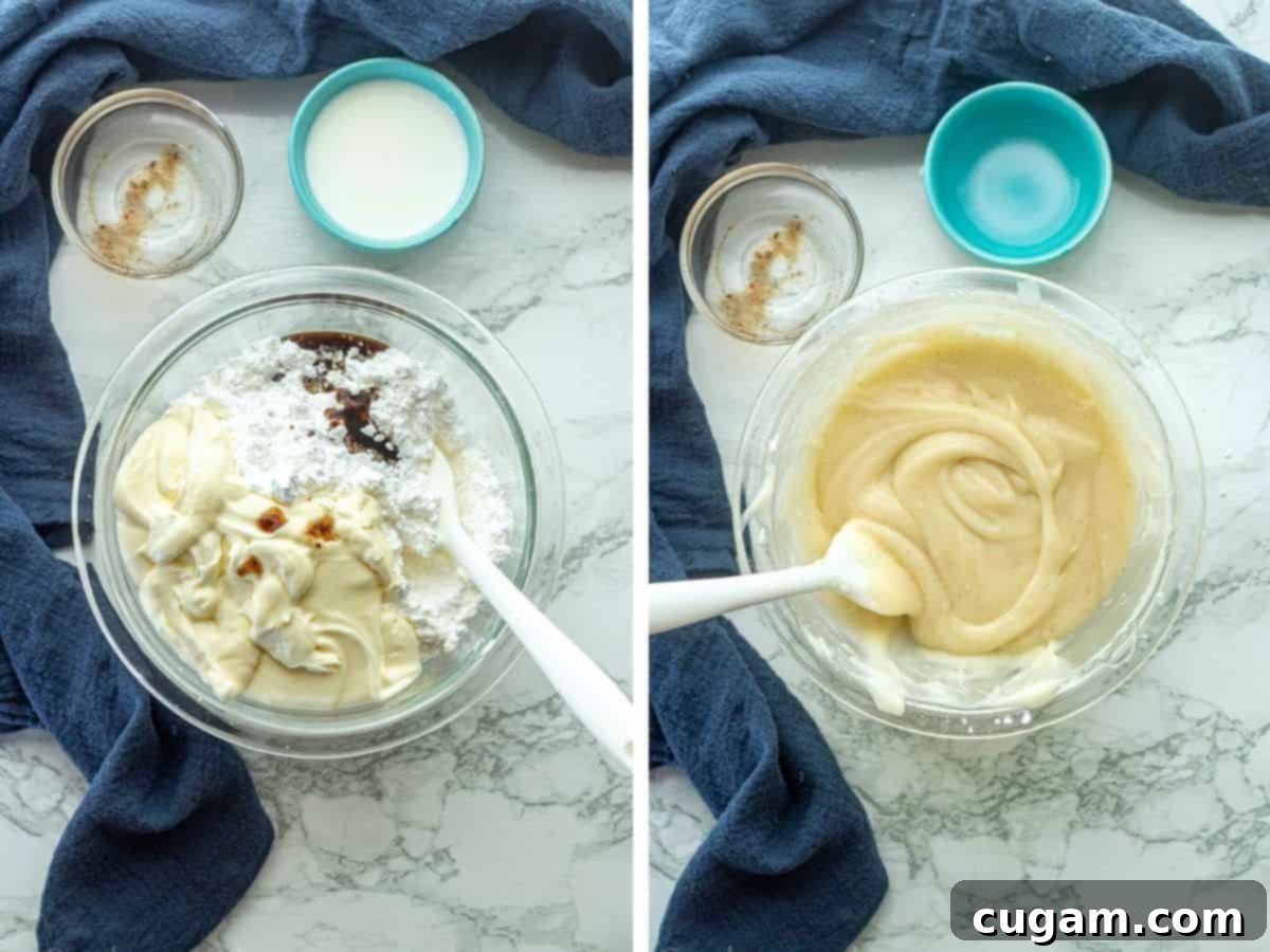 Glass bowls containing ingredients for a smooth cream cheese icing, with a white spatula resting nearby.
