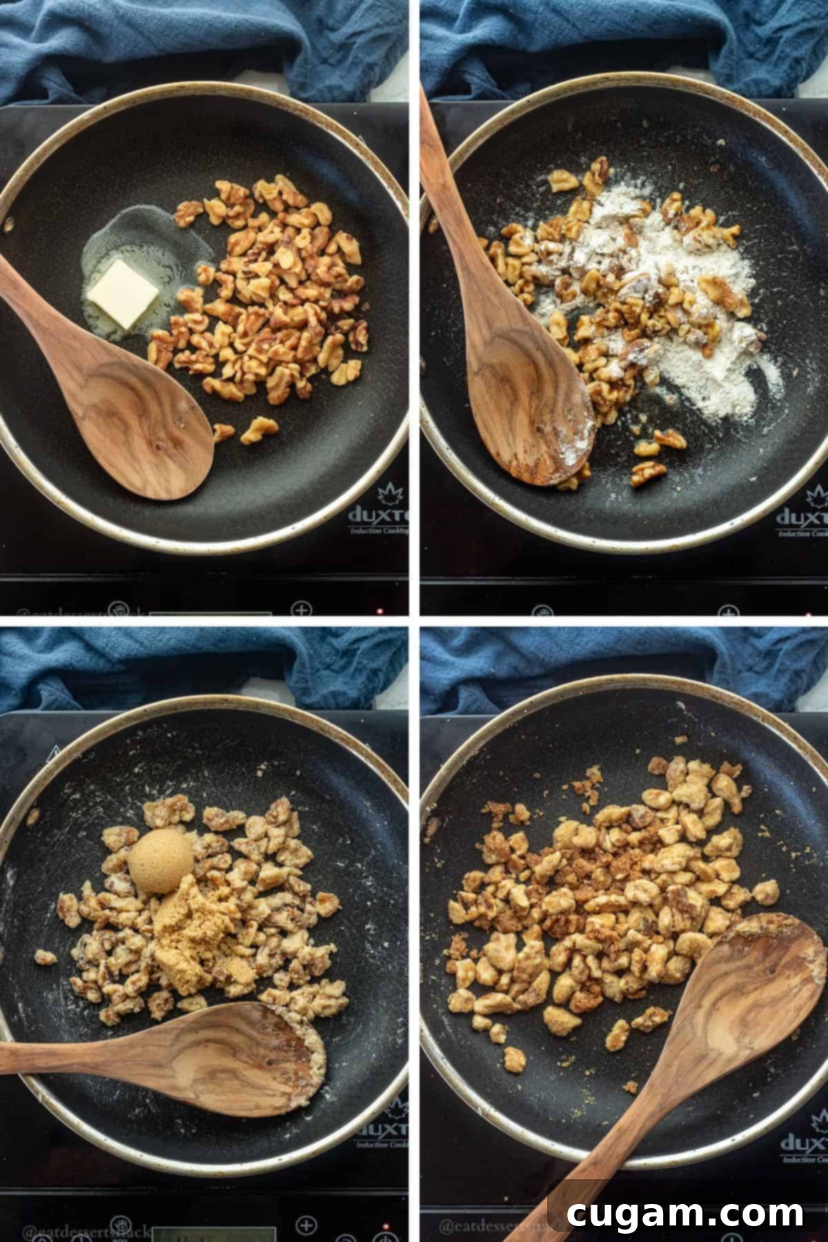 A black frying pan on the stovetop filled with walnuts, butter, flour, and brown sugar, with a wooden spoon for stirring.
