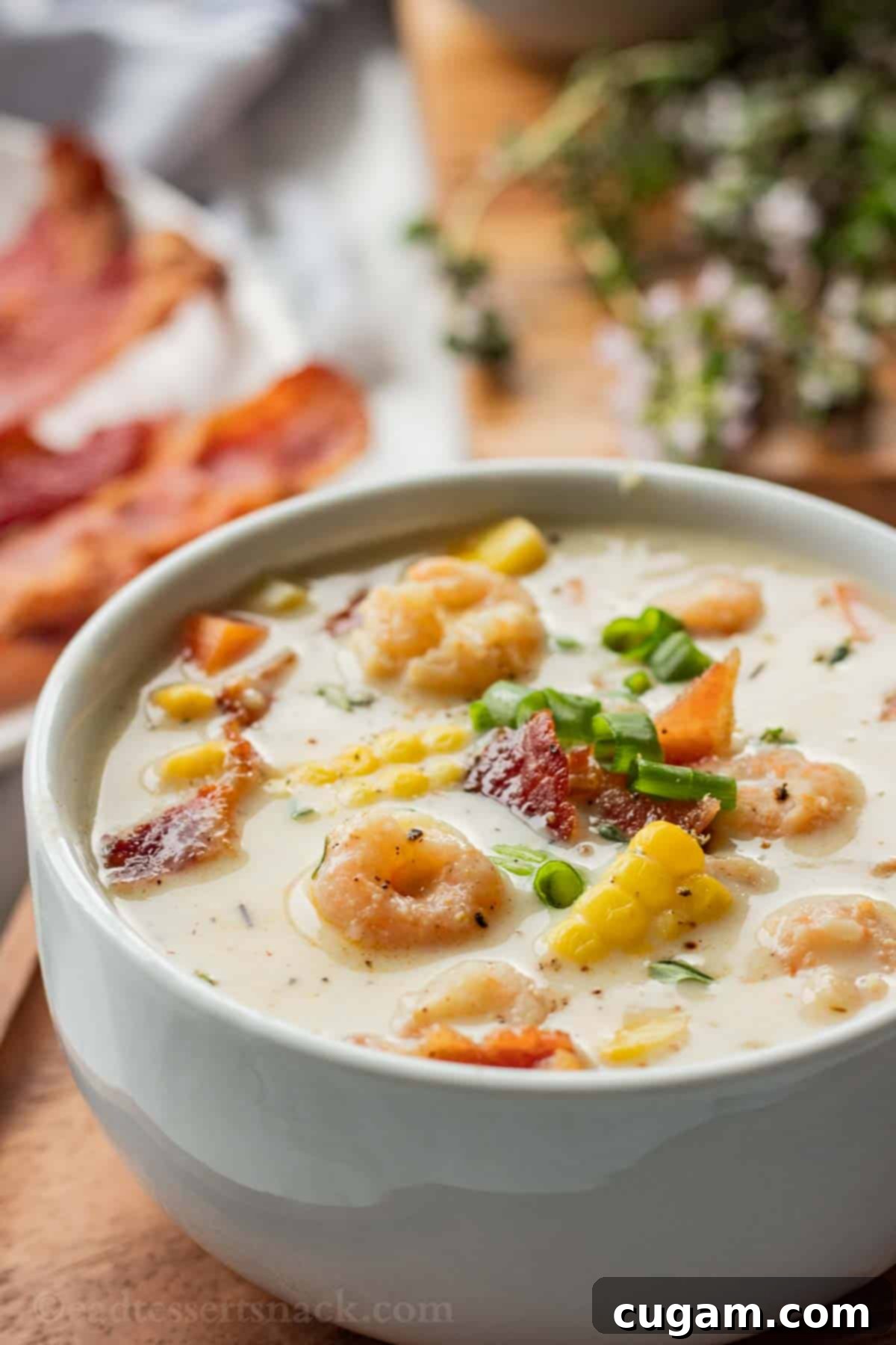 Cooked Shrimp Corn Chowder in white bowl, garnished with green onions and bacon.