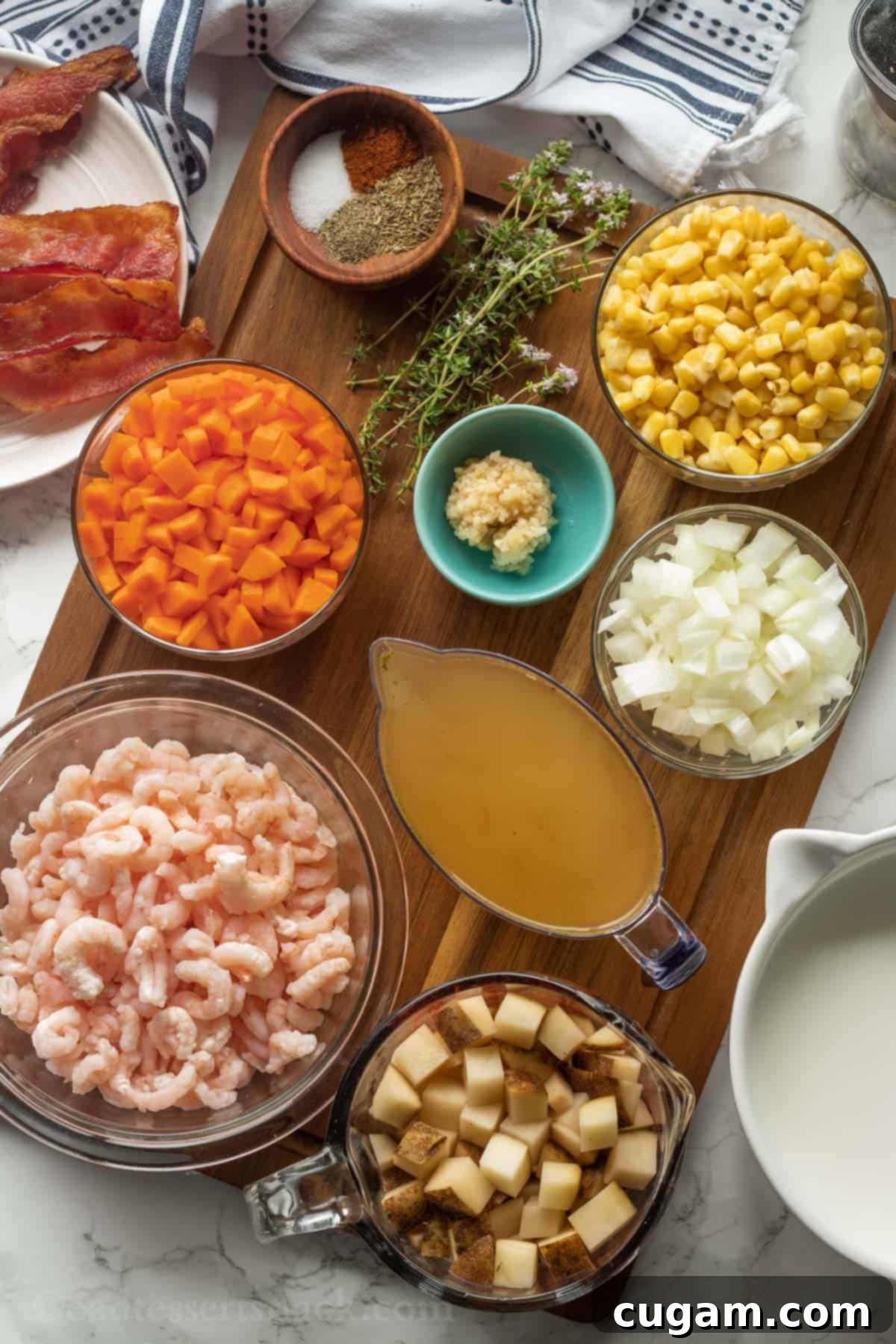 Ingredients for Shrimp Corn Chowder in bowls on wood cutting board, including shrimp, corn, potatoes, and spices.
