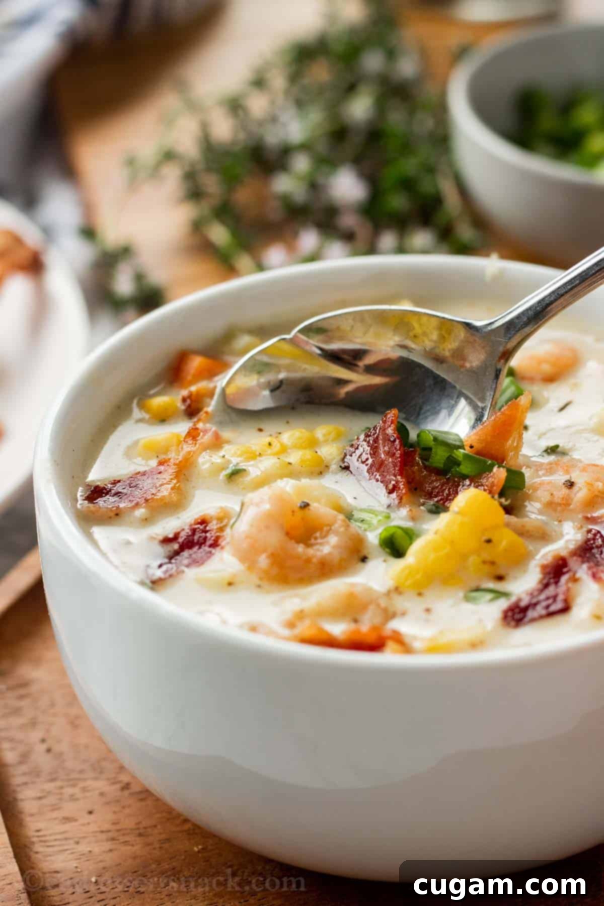 A scalloped spoon dipping into a white bowl of creamy shrimp corn chowder, showcasing the tender shrimp and vegetables.