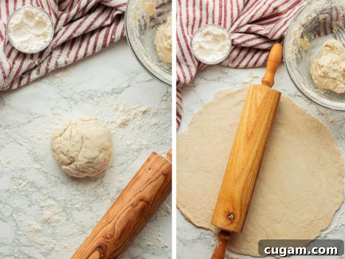 Quick Chicken Pot Pie 5 Rolling out pie crust on marble countertop.