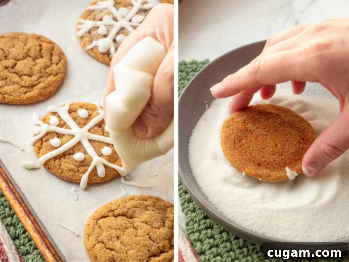 Piping icing onto baked ginger molasses cookie and hand dipping cookie into sugar.