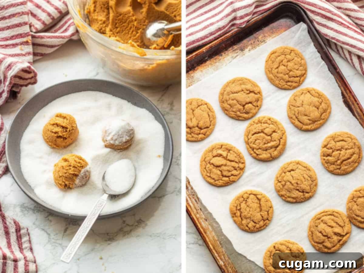 Raw cookie dough balls and baked cokes on cookie sheet.