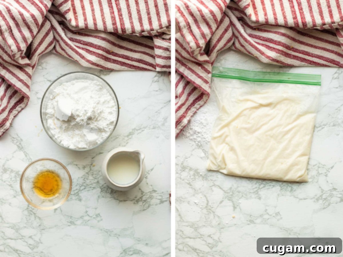 Powdered sugar, vanilla, and milk in glass dishes with bag full of icing.