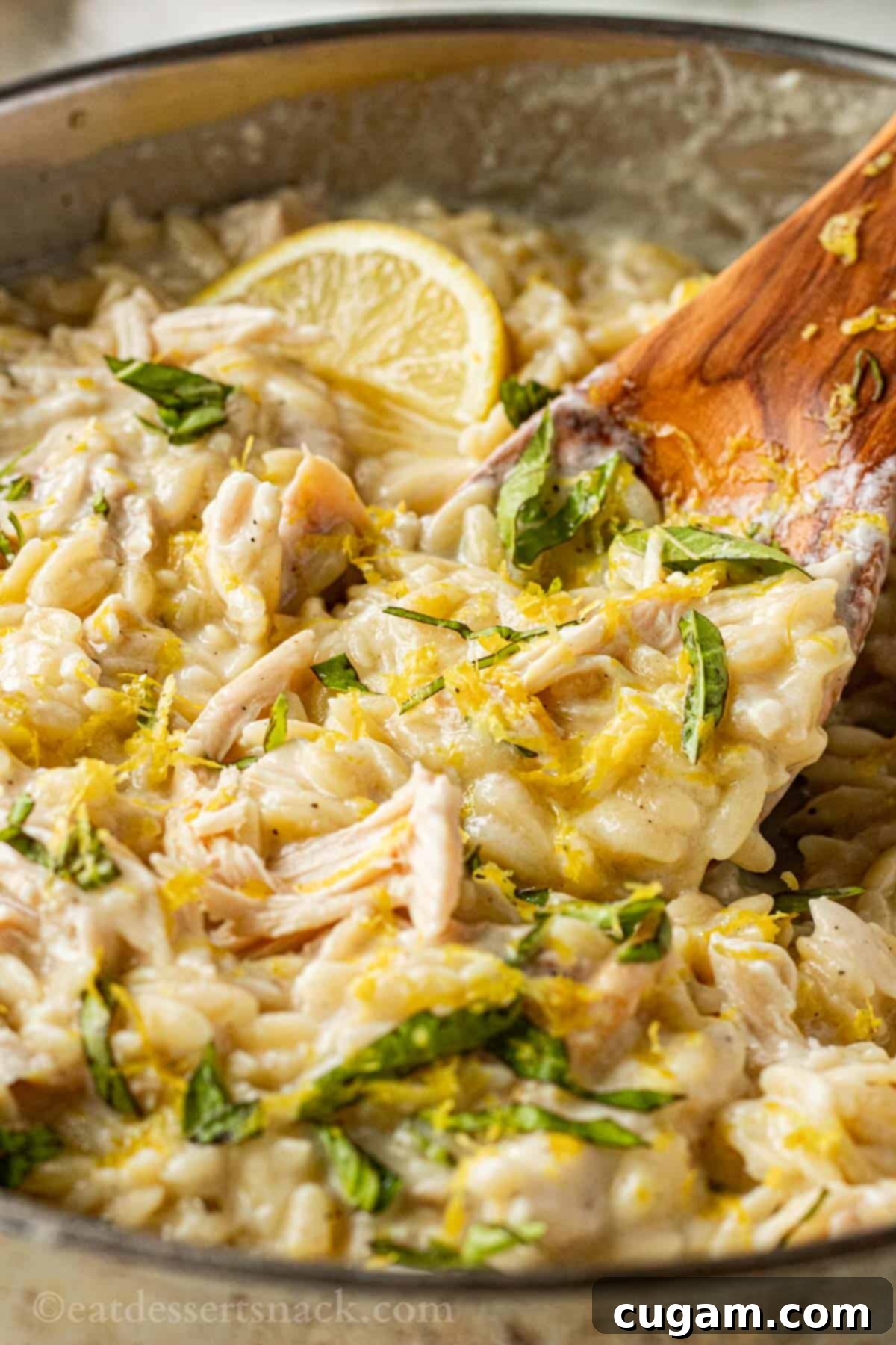 Wood spoon and lemon wedge in metal pan of cooked lemon orzo pasta with chopped basil.