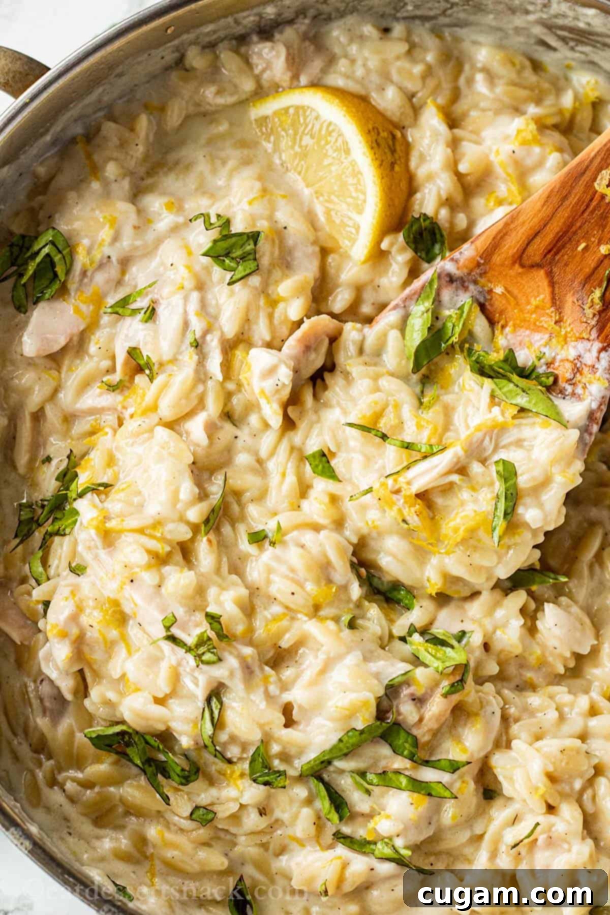 Overhead view of cooked lemon chicken orzo in pan with lemon wedge and wood spoon and chopped basil.