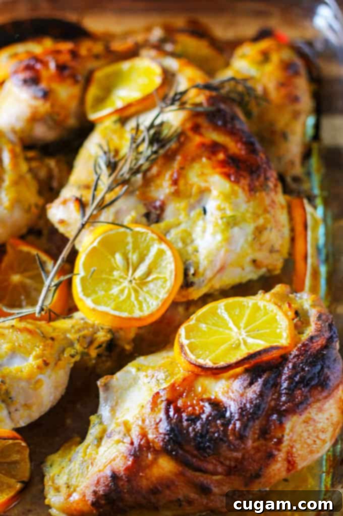 Golden-brown Dijon Meyer Lemon Chicken in a glass baking dish, fresh out of the oven, steam rising gently