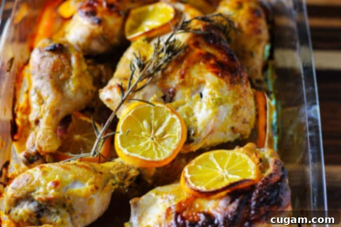 Individual serving of Dijon chicken with lemons in a glass baking dish, garnished with herbs and ready to eat
