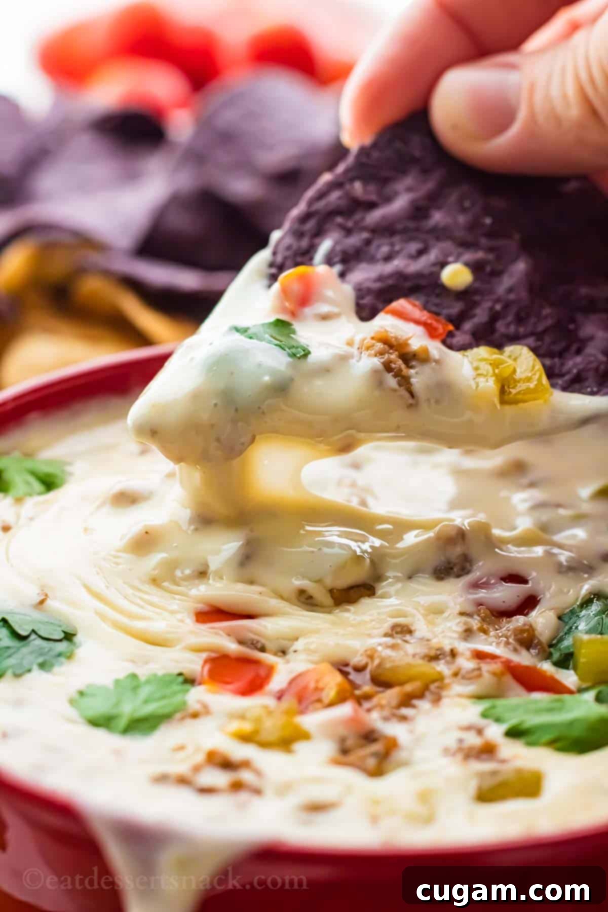 A black tortilla chip being dipped into a vibrant red bowl of creamy white queso dip with visible bits of sausage and green chiles.