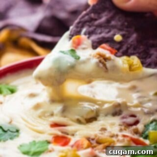 A black tortilla chip expertly scooping a generous portion of warm, melted white queso dip from a vibrant red bowl, showcasing its creamy texture.