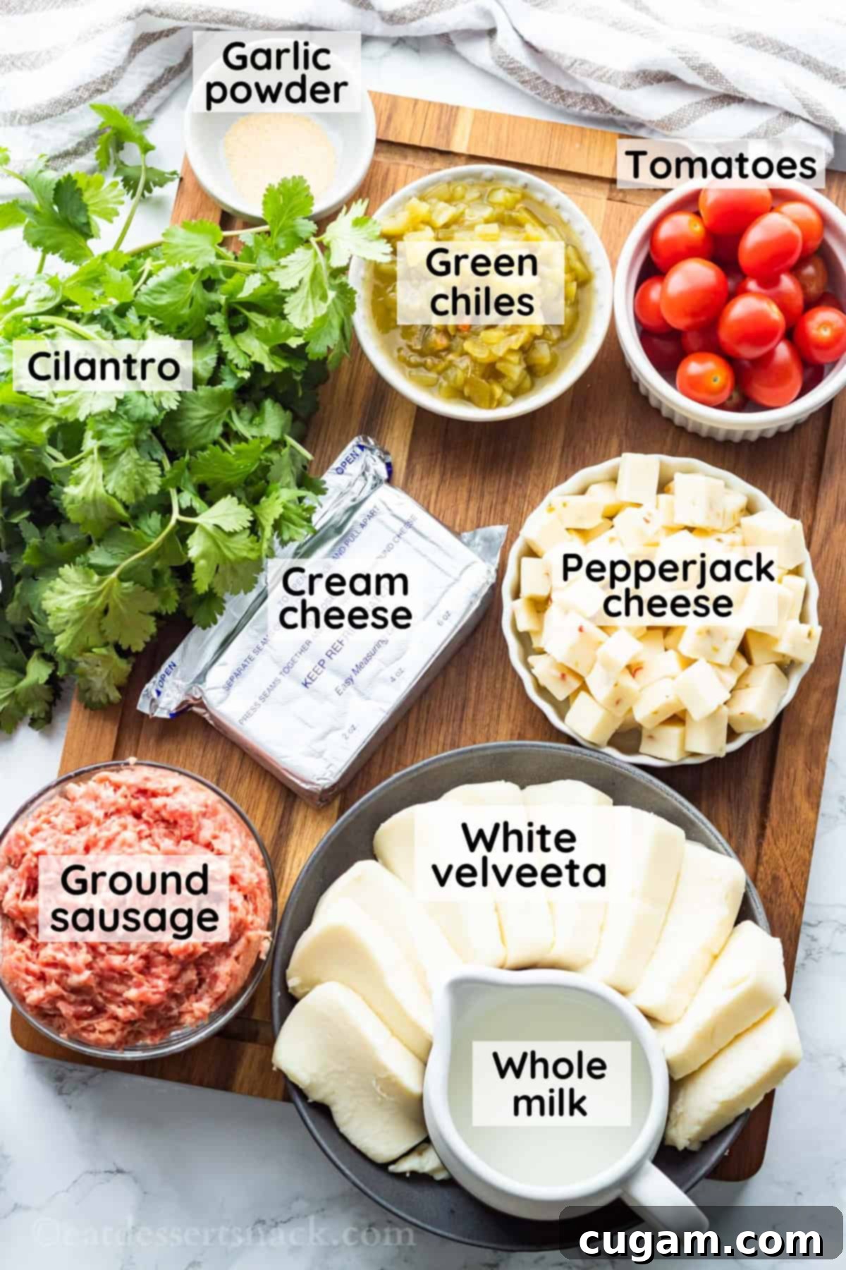 Arrangement of fresh chiles, blocks of cheese, tomatoes, raw ground sausage, fresh cilantro, cream cheese, and garlic powder on a rustic wooden cutting board, ready for the white queso dip.