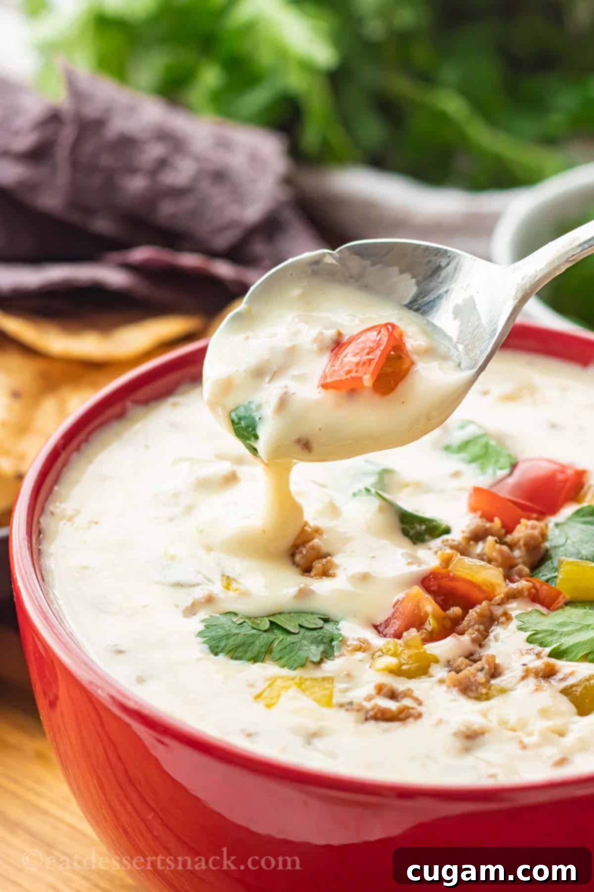 A red bowl filled with smooth, melted white queso dip, with a spoon dripping cheese back into the bowl, highlighting its creamy, gooey texture.