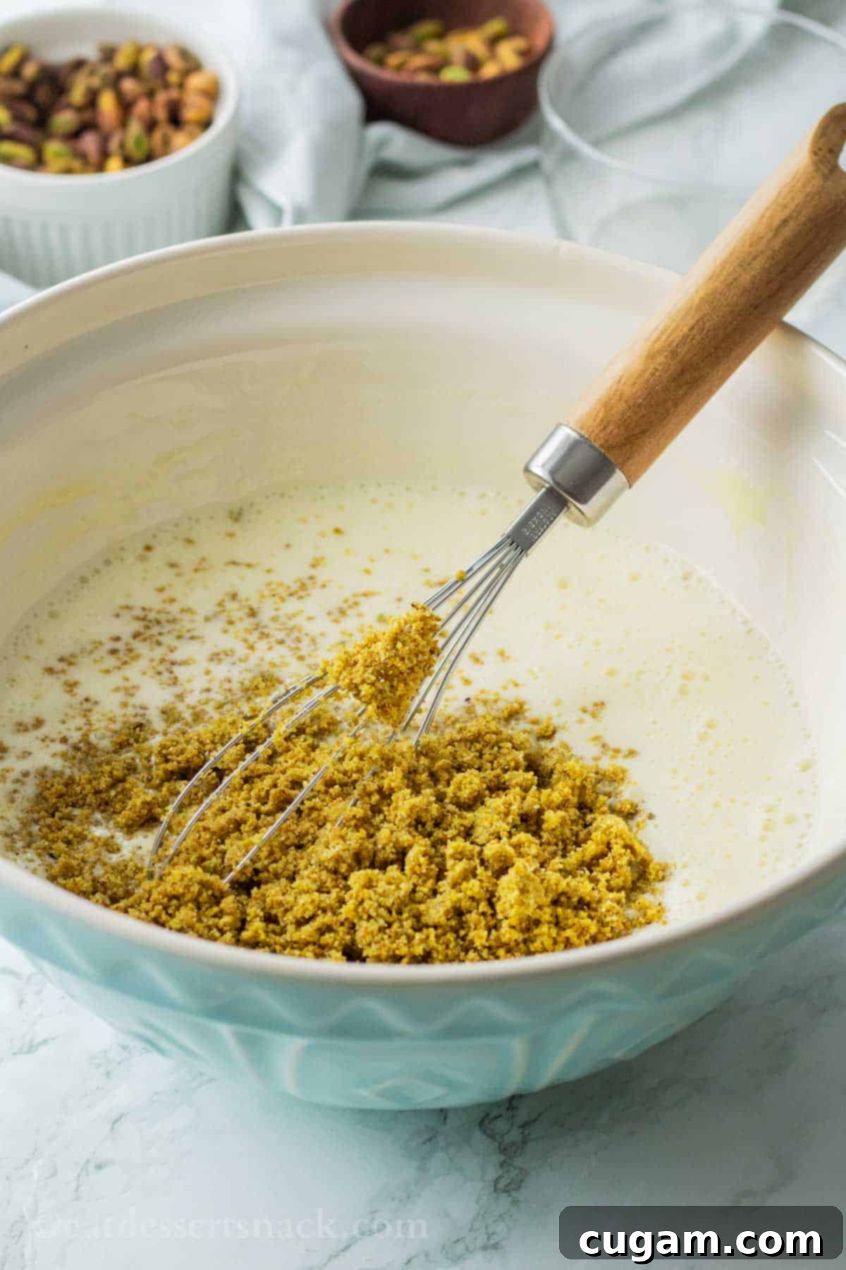 Velvet Pistachio Dream Pie 10 A bowl of finely ground pistachios and sugar being poured into the creamy custard mixture in a mixing bowl.