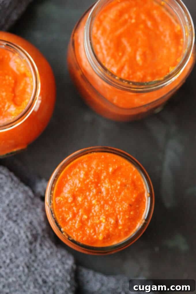 Overhead photo of Romesco sauce in mason jars