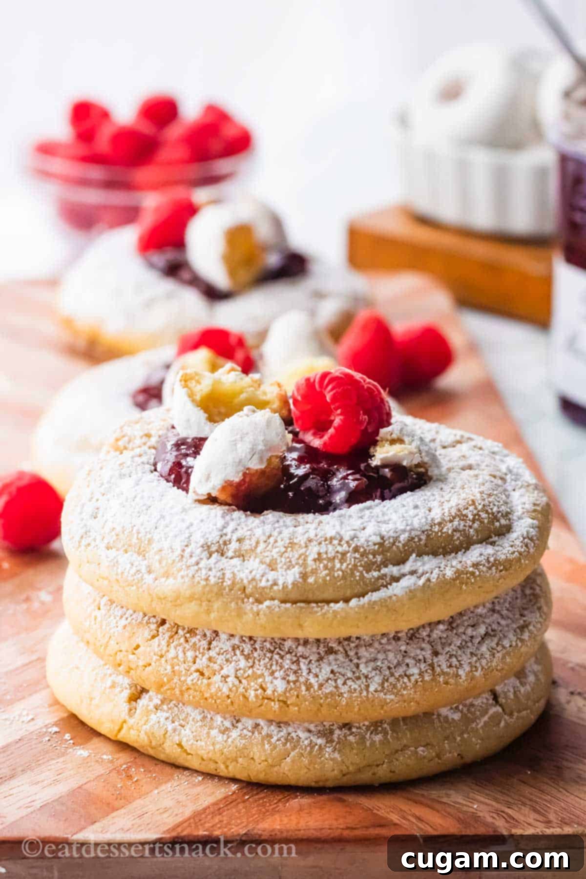 Stack of 3 baked raspberry cookies on wood cutting board with jam and donuts on top.