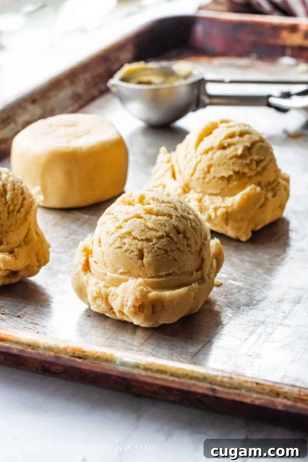 Raw vanilla cookie dough scooped in balls on metal pan.