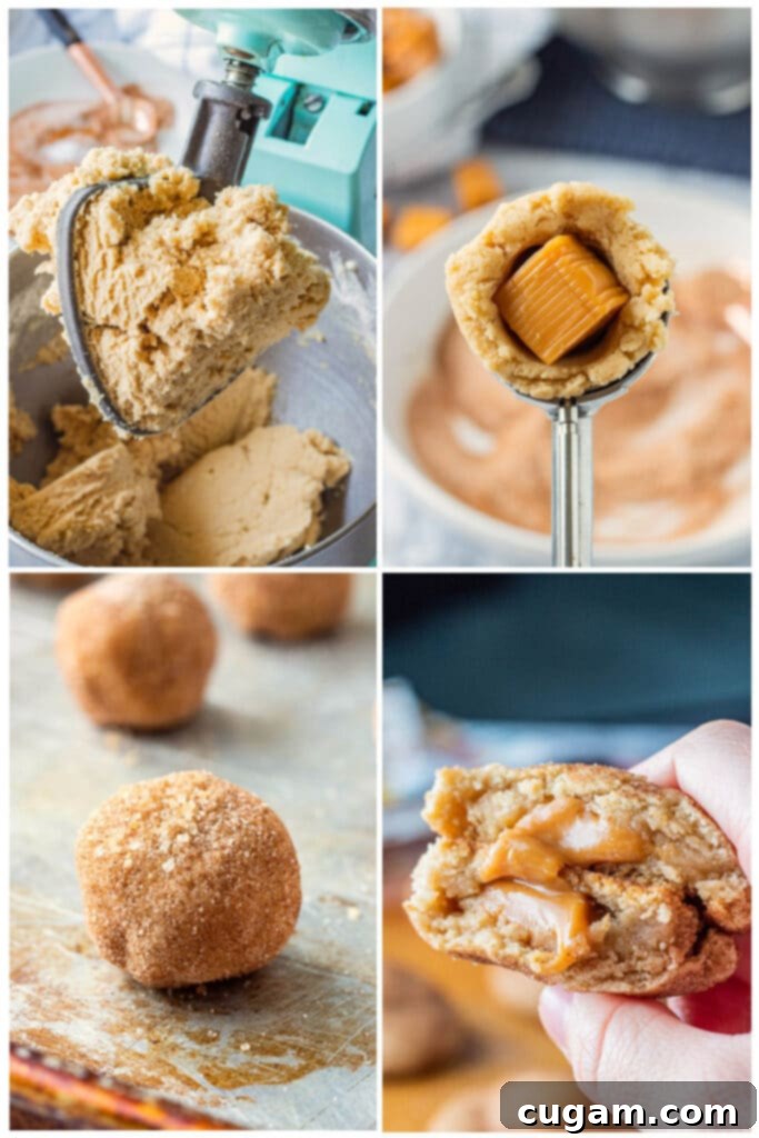 Collage showing steps for making caramel stuffed snickerdoodles, including dough, caramels, and baked cookies.
