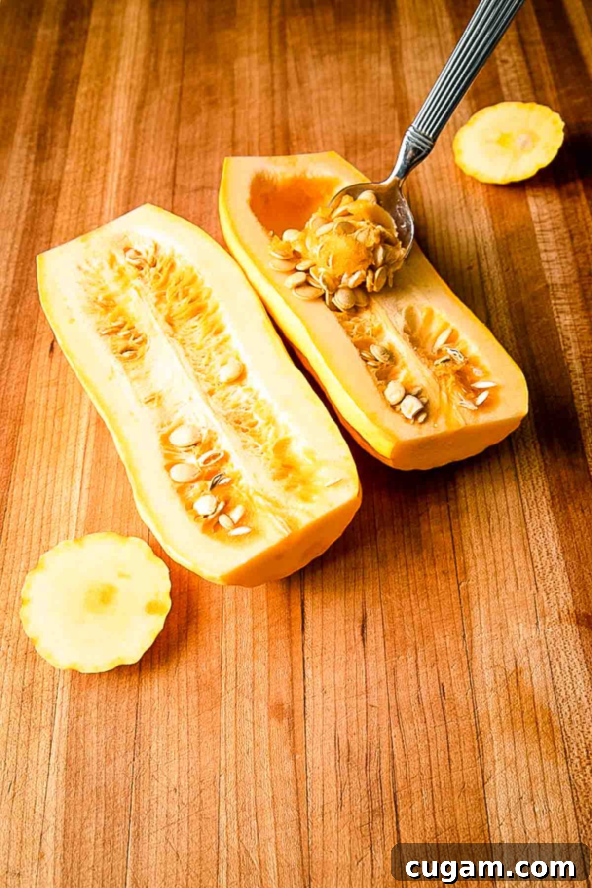 Delicata squash cut in half lengthwise with a spoon scooping out the seeds.