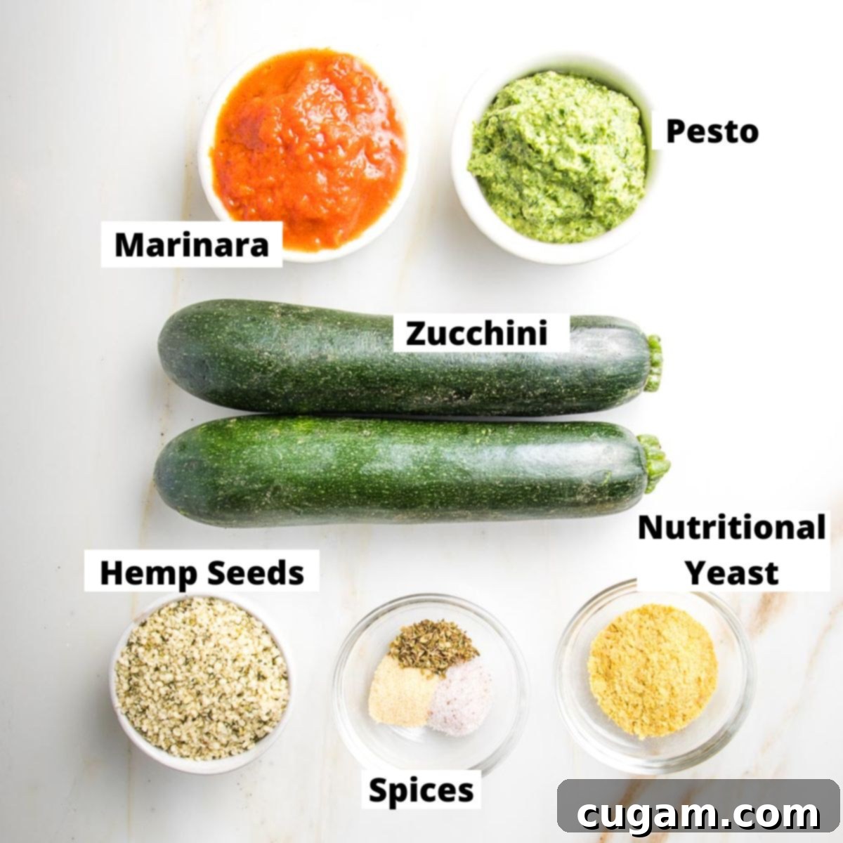 Labeled ingredients: marinara, pesto, zucchini, hemp seeds, nutritional yeast, spices.