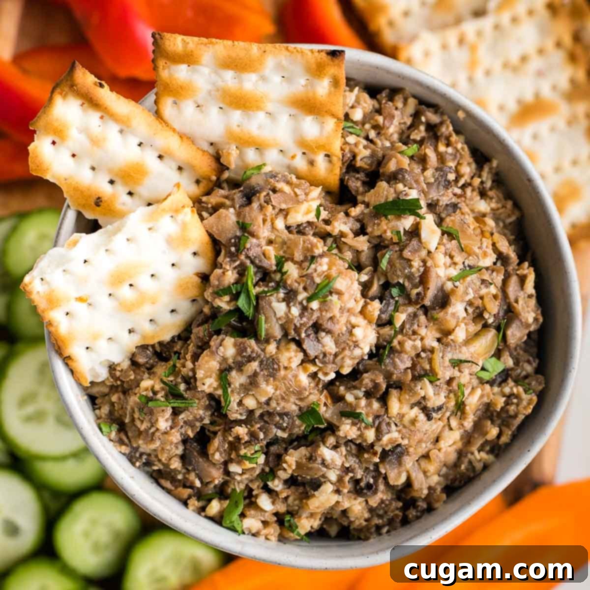 A beautifully presented small bowl of vegetarian chopped liver, lightly sprinkled with fresh green herbs, artfully arranged on a rustic wooden board with a selection of crunchy matzah crackers ready for dipping.