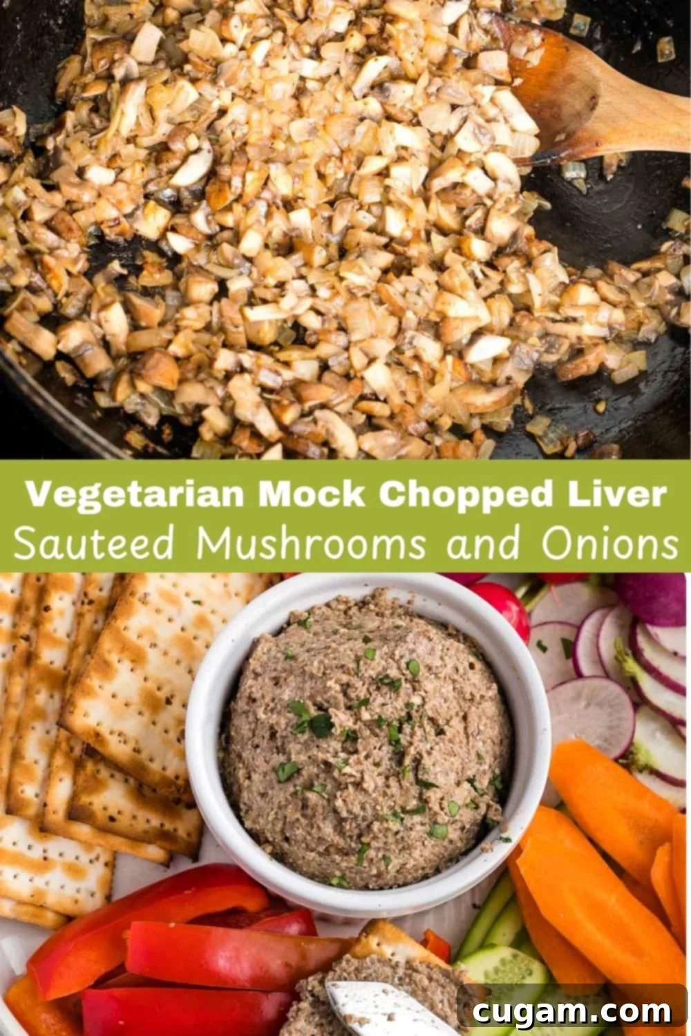A visual progression of the recipe: chopped mushrooms and onions sizzling in a pan, followed by a final image of the prepared mock chopped liver, richly textured and served on a board with fresh vegetables and matzo crackers, ready to be enjoyed.