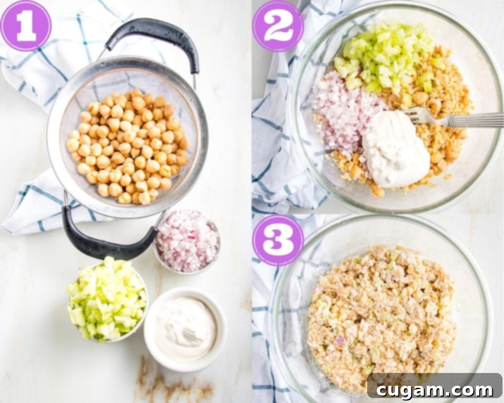 3 photos, with large purple numbers in each corner. #1: colander of chickpeas small bowl of diced celery, small bowl of minced shallot and a small bowl of vegan mayo. #2: mashed chickpeas plus celery, shallots and mayo with a fork.  #3: vegan tuna salad. 