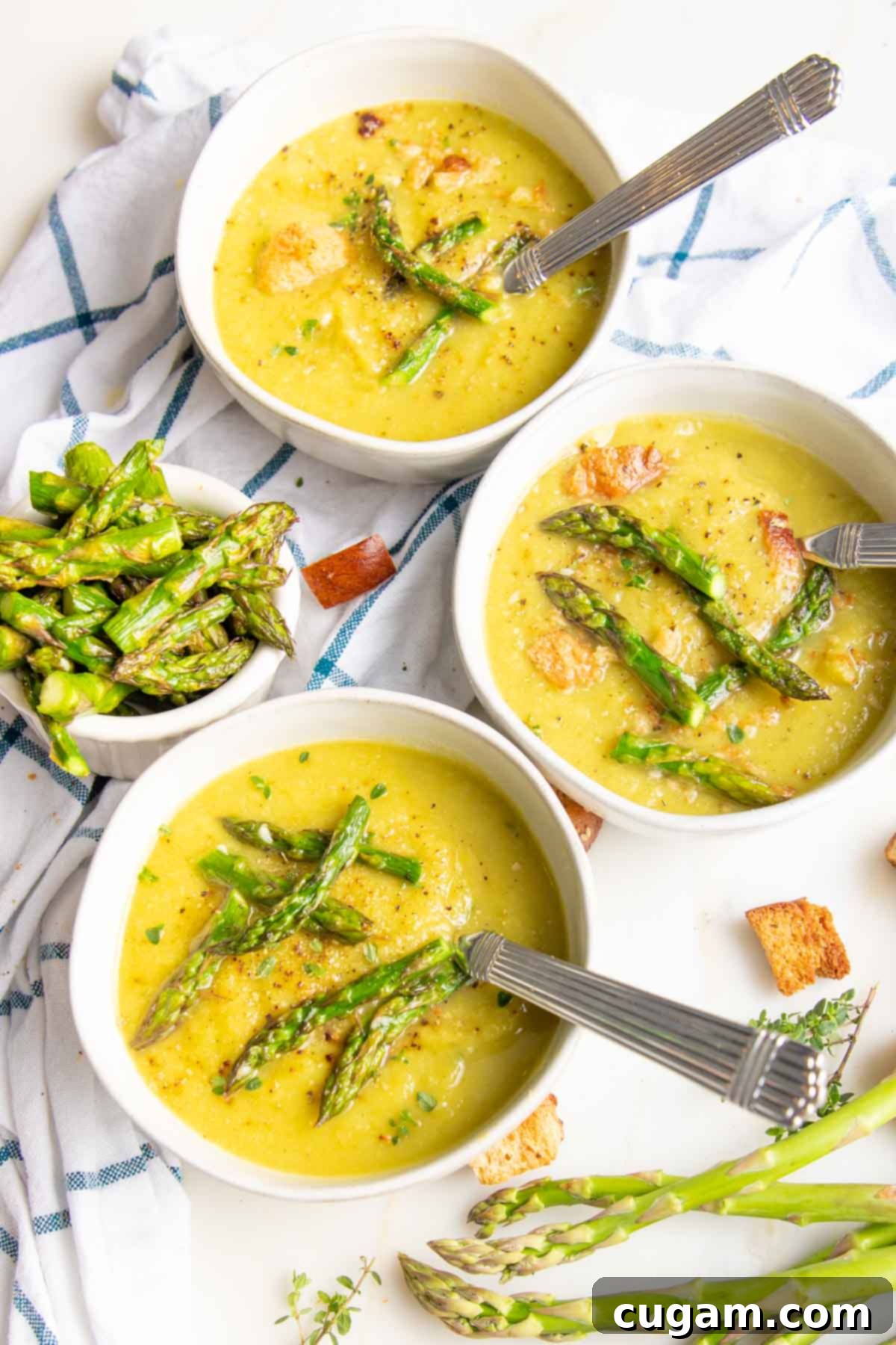 Two bowls of thick, creamy, and vibrantly yellow vegan asparagus soup, garnished generously with bright green roasted asparagus tips and a sprinkle of black pepper. The setting evokes a cozy, healthy meal.
