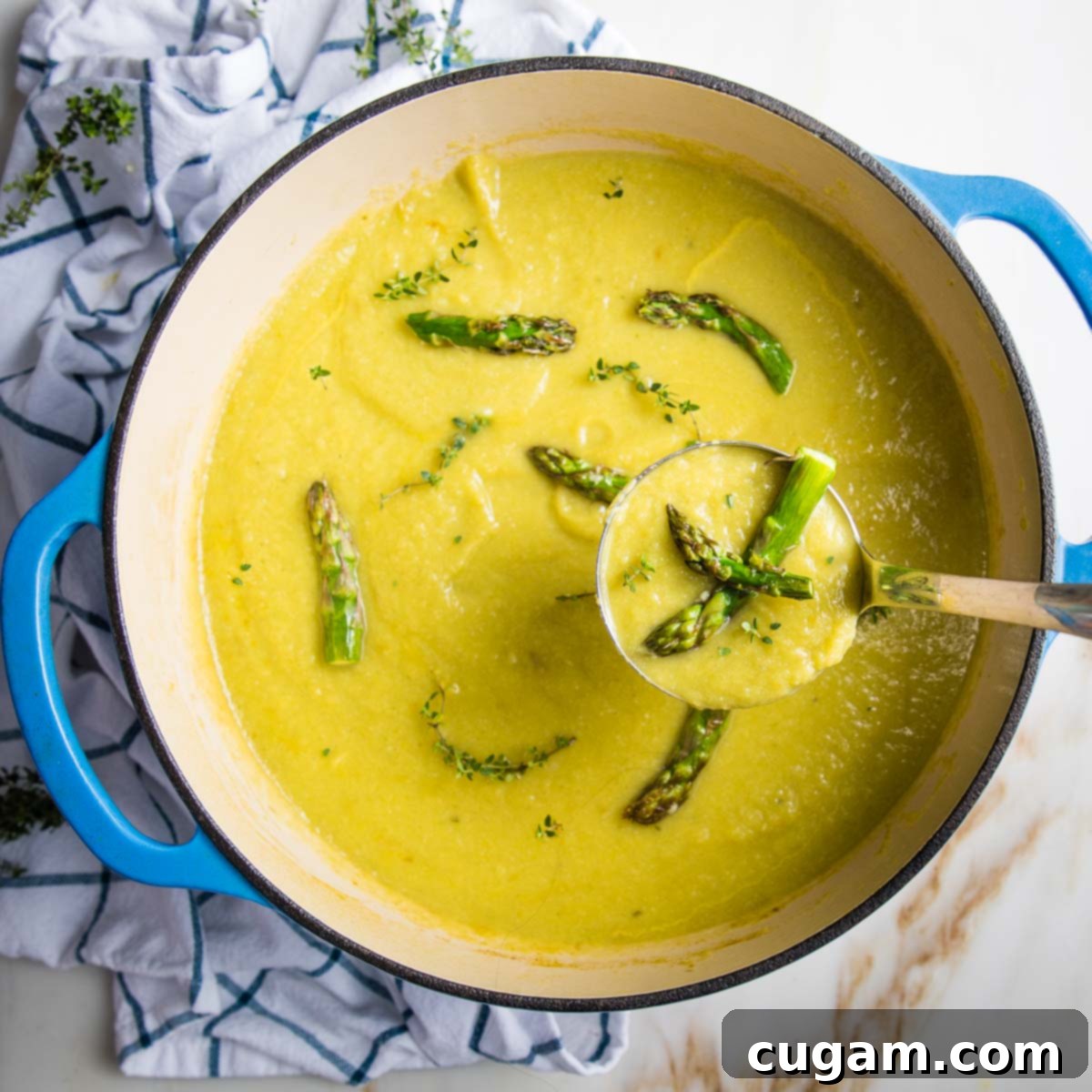 A beautiful blue enameled cast iron pot is filled to the brim with creamy vegan asparagus soup. Roasted asparagus tips are artfully arranged as a garnish on top. A ladle dipped in the soup lifts a spoonful, showcasing the rich texture and vibrant green tips.
