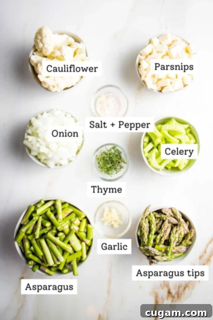 A top-down view of labeled fresh ingredients for vegan asparagus soup: bright green asparagus spears, white cauliflower florets, pale parsnips, green celery stalks, a yellow onion, fresh thyme sprigs, garlic cloves, and small bowls of sea salt and white pepper.