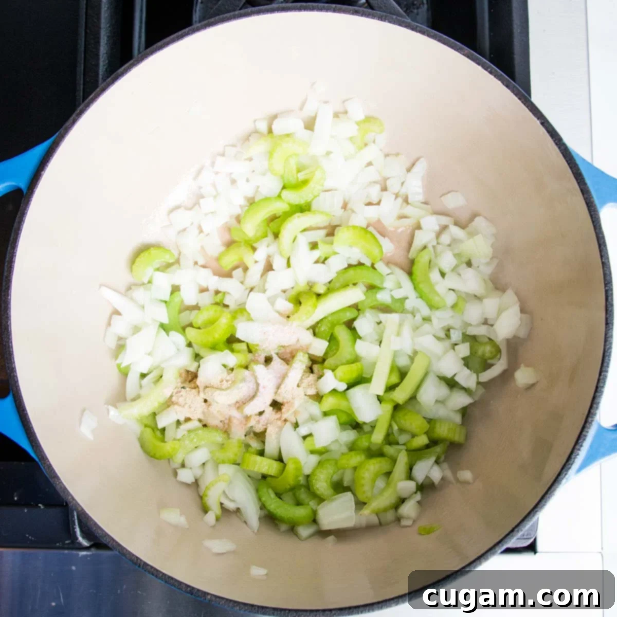A Dutch oven on the stove contains diced onion and sliced celery sautéing, seasoned with salt and pepper, creating an aromatic base for the soup.