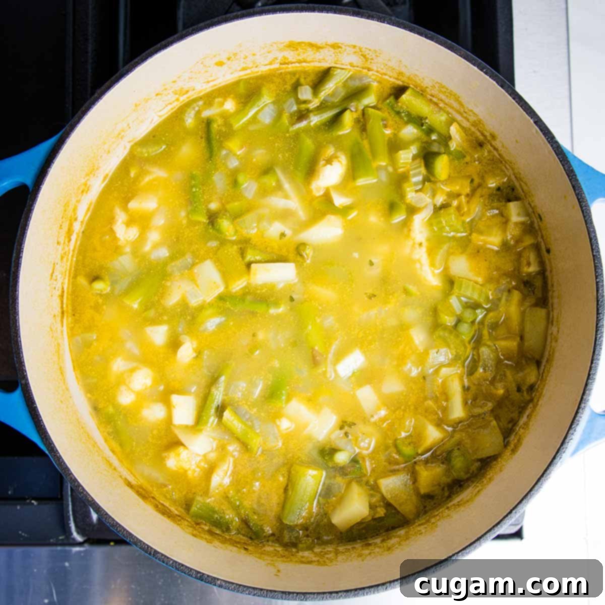 Yellow broth with chunks of asparagus, parsnips and cauliflower floating around in a dutch oven.