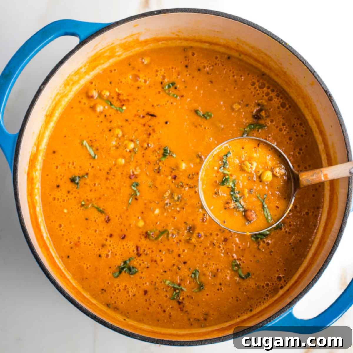 Creamy Dairy-Free Tomato Soup Recipe 11 Dutch oven with creamy dairy-free tomato soup served on a ladle, garnished with fresh basil, crushed red pepper, and crunchy chickpeas.