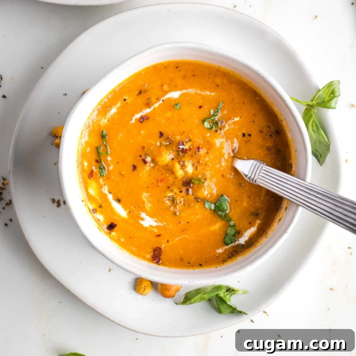 Creamy Dairy-Free Tomato Soup Recipe 12 A swirl of cashew cream artfully placed in a bowl of creamy dairy-free tomato soup.
