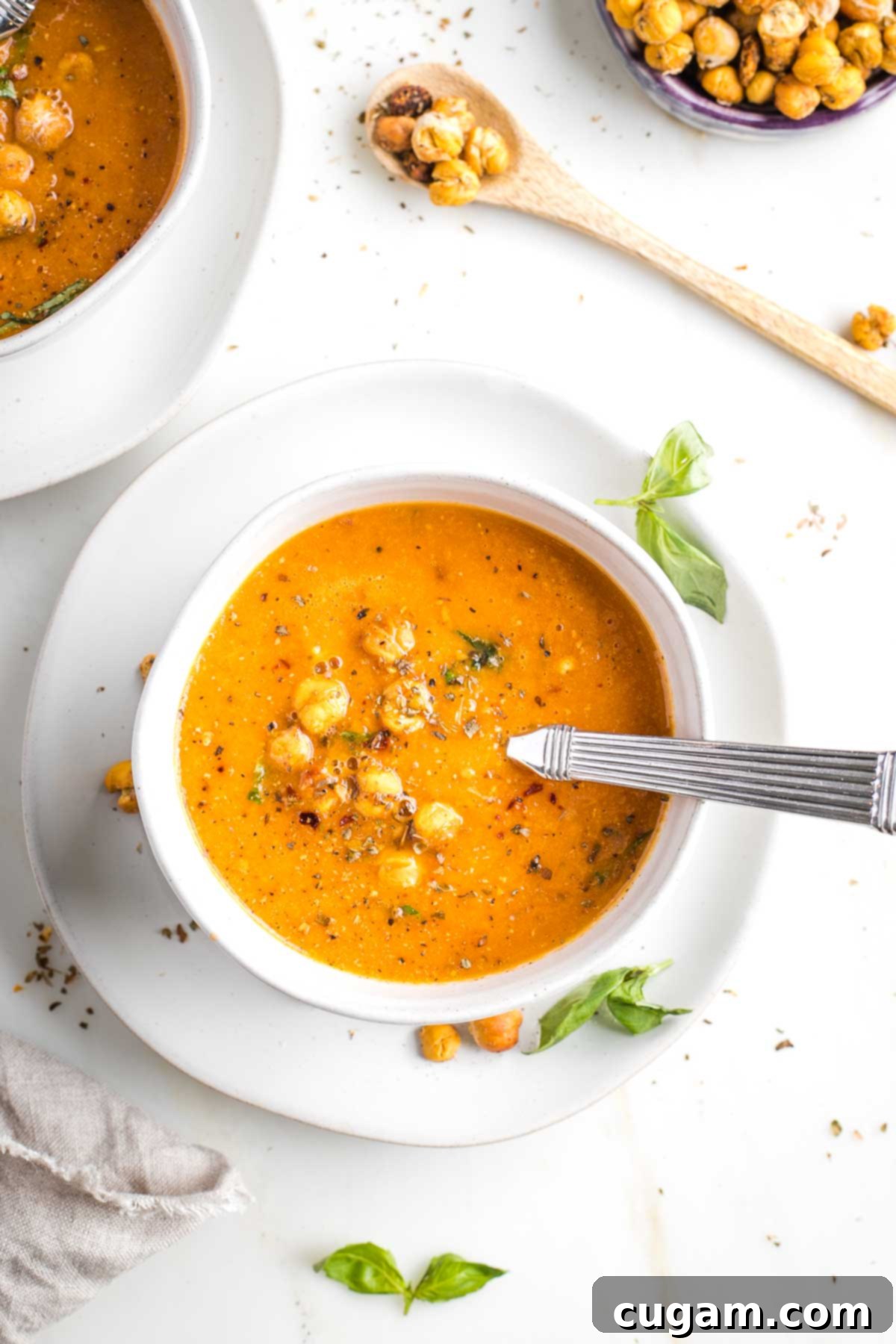 Creamy Dairy-Free Tomato Soup Recipe 14 Bowl of creamy dairy-free tomato soup with crunchy chickpea croutons, showcasing the perfect texture.