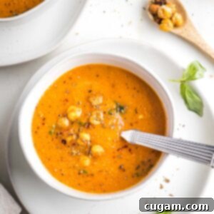 Creamy Dairy-Free Tomato Soup Recipe 15 Bowl filled with creamy dairy-free tomato soup with chickpea croutons and basil garnish.