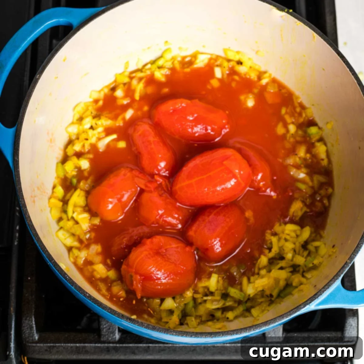 Creamy Dairy-Free Tomato Soup Recipe 7 Dutch oven with whole tomatoes floating in broth with sautéed onions and celery.