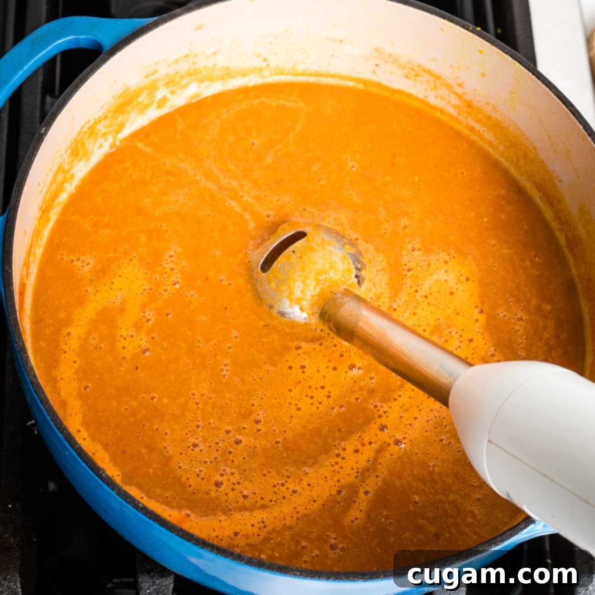 Creamy Dairy-Free Tomato Soup Recipe 10 Immersion blender pureeing creamy tomato soup directly in a Dutch oven.