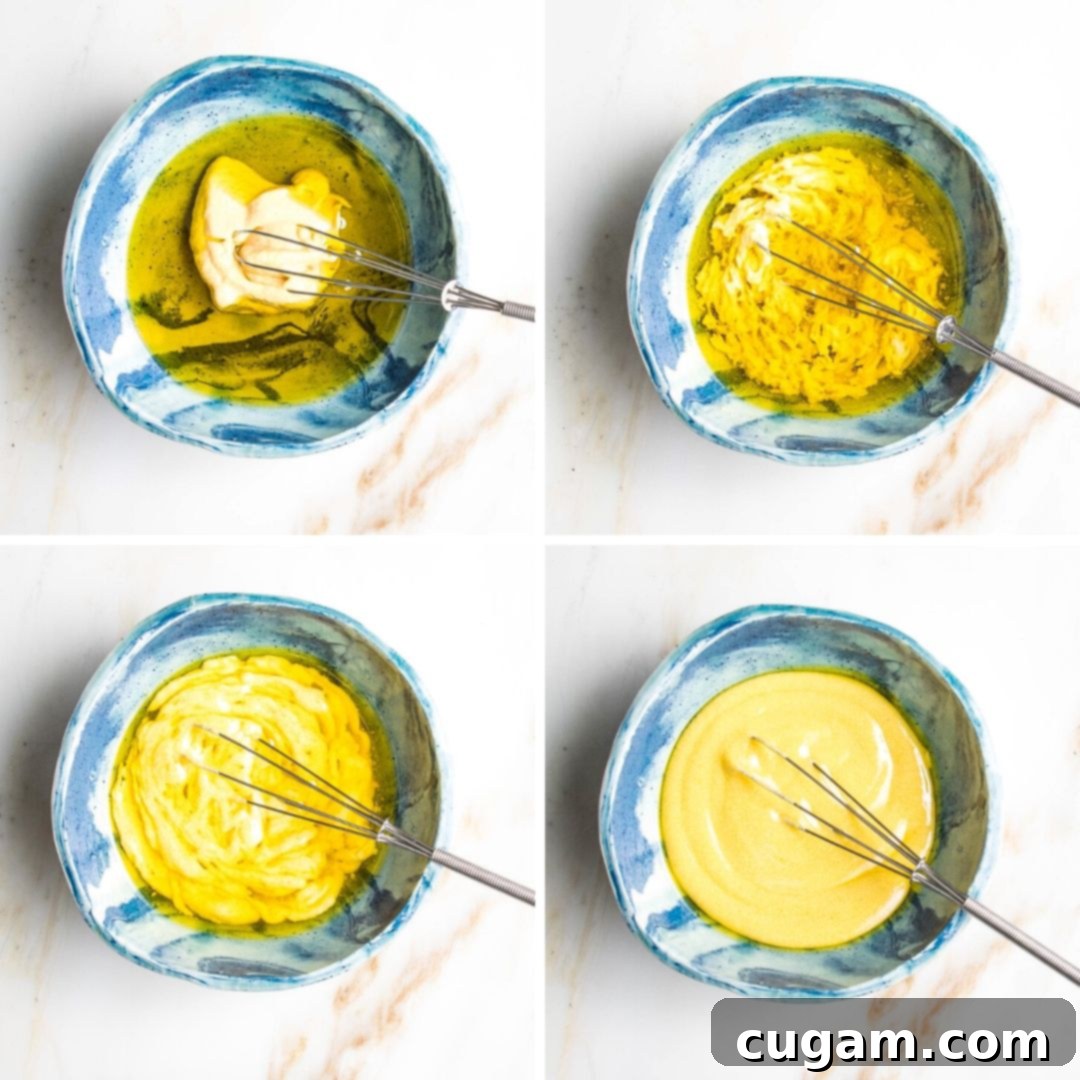 Four sequential images showing the process of making a smooth and creamy mustard aioli by whisking mustard and olive oil together until emulsified.