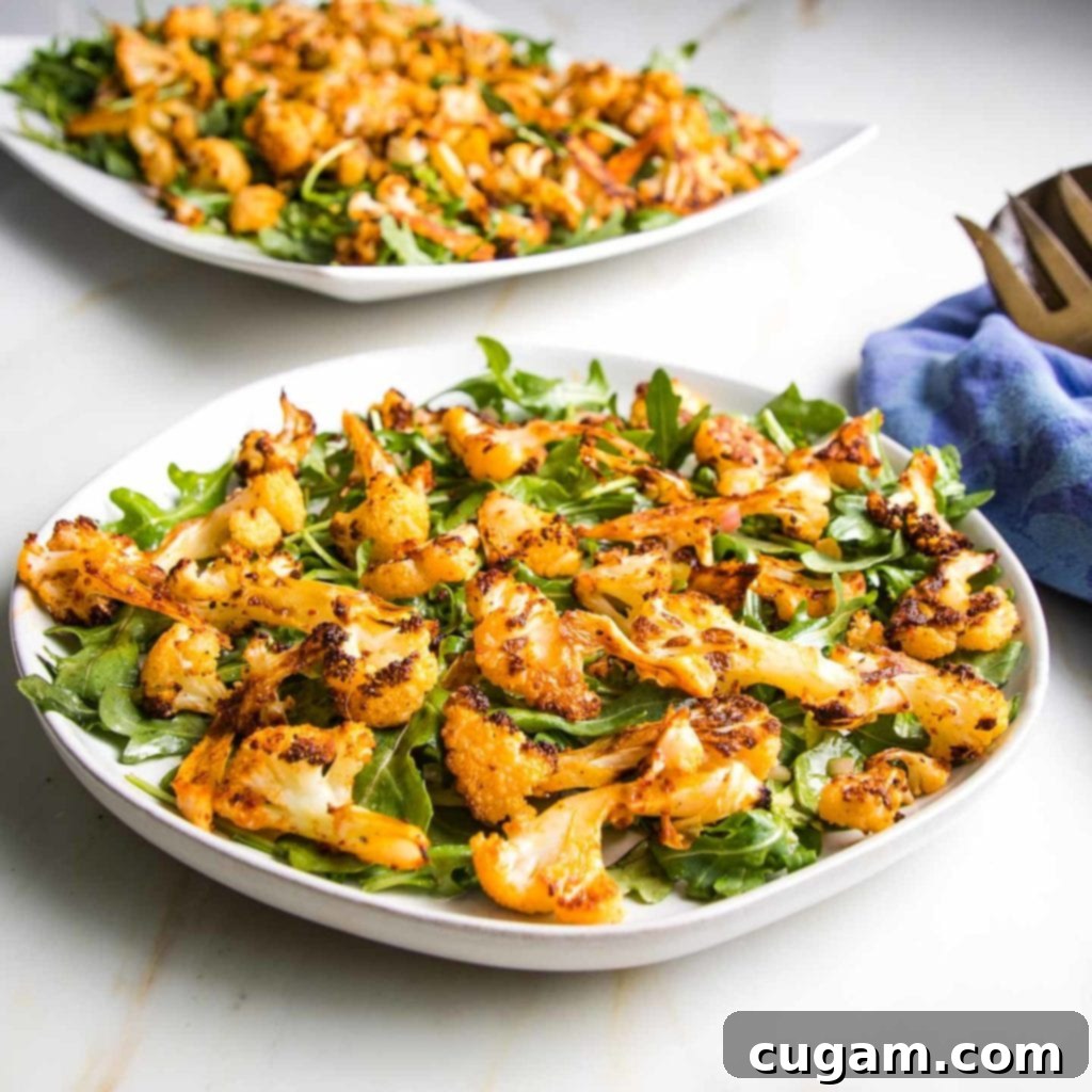 A beautifully arranged serving of roasted paprika cauliflower and arugula salad, garnished with fresh herbs and a drizzle of dressing, ready to be enjoyed.