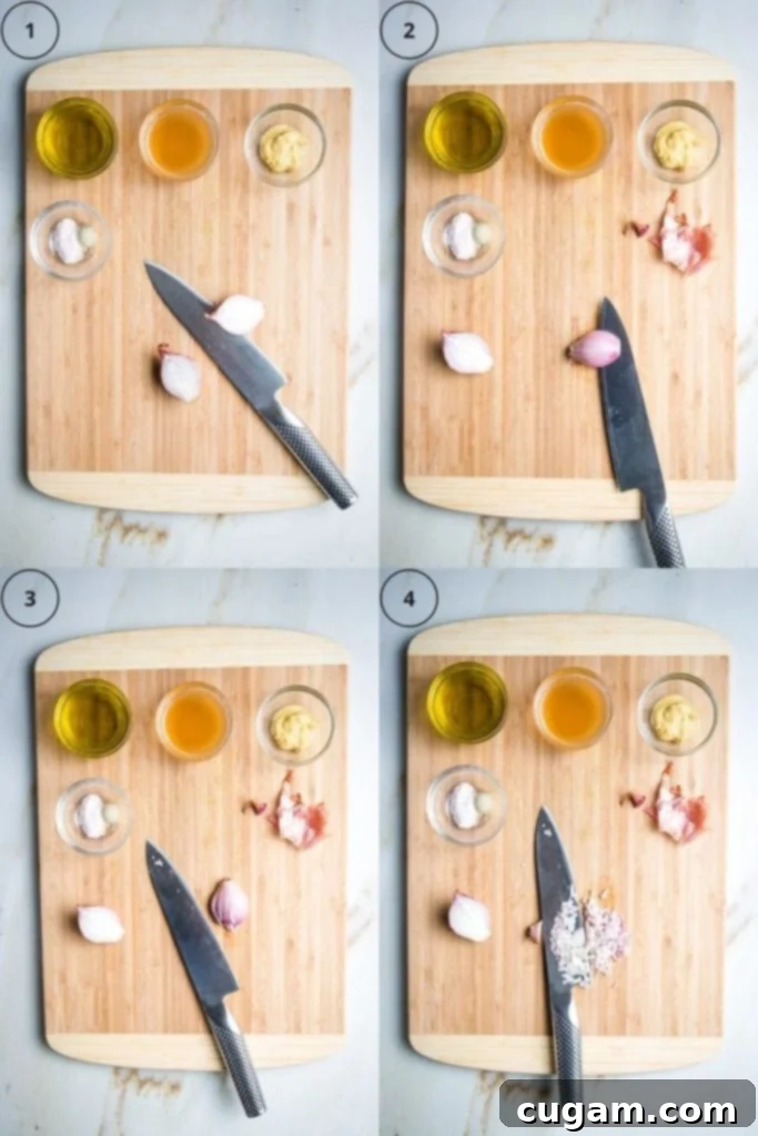 Step-by-step visual guide to finely dicing a shallot. Image 1: A shallot cut in half through its stem. Image 2: One shallot half with papery skin removed, showing horizontal cuts towards the root. Image 3: The shallot half with vertical cuts made from the root end, not cutting all the way through. Image 4: The shallot turned, with thin strips being cut crosswise to create a fine dice.