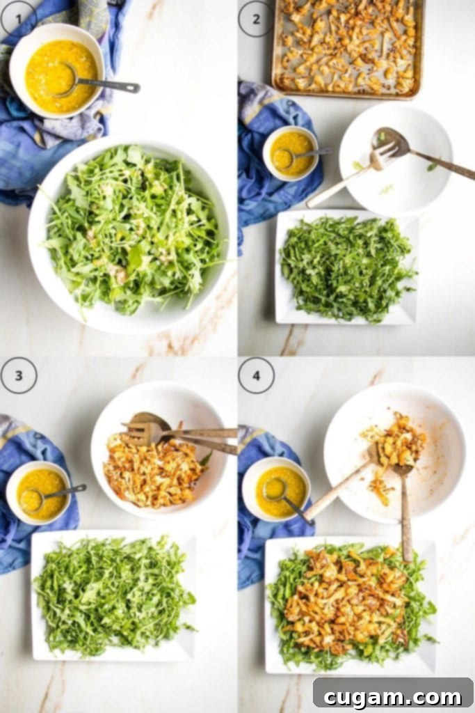 A four-photo progression illustrating the assembly of the cauliflower salad. 1. A white bowl with arugula and a hint of vinaigrette, with a separate bowl of dressing. 2. Arugula arranged on a serving platter, with a tray of roasted cauliflower in the background. 3. The large rectangular platter with arugula, now featuring a bowl filled with roasted cauliflower and a separate dressing bowl. 4. The final stunning presentation: a white rectangular plate with dressed arugula on the bottom, piled high with golden roasted cauliflower, alongside serving pieces.